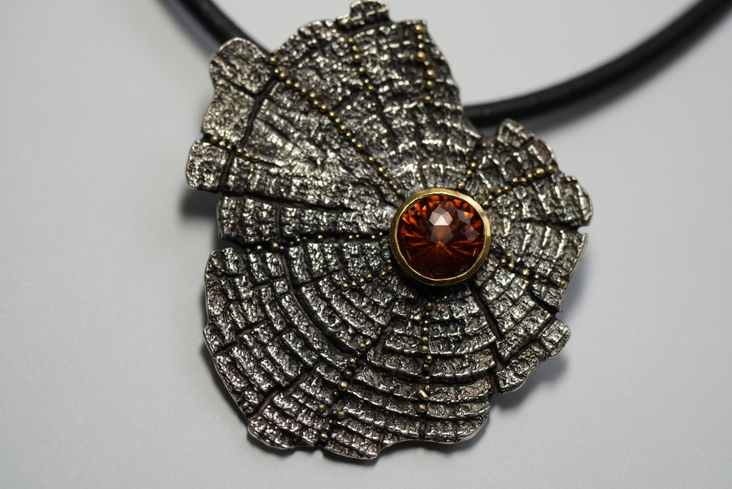 2023 - "Resilience" - Granulation upon Sterling Tree Rings Pendant - Imprint Casting - Pendant by Jenn Dewey - FAIRMINED Noble Metals & FairTrade Citrine