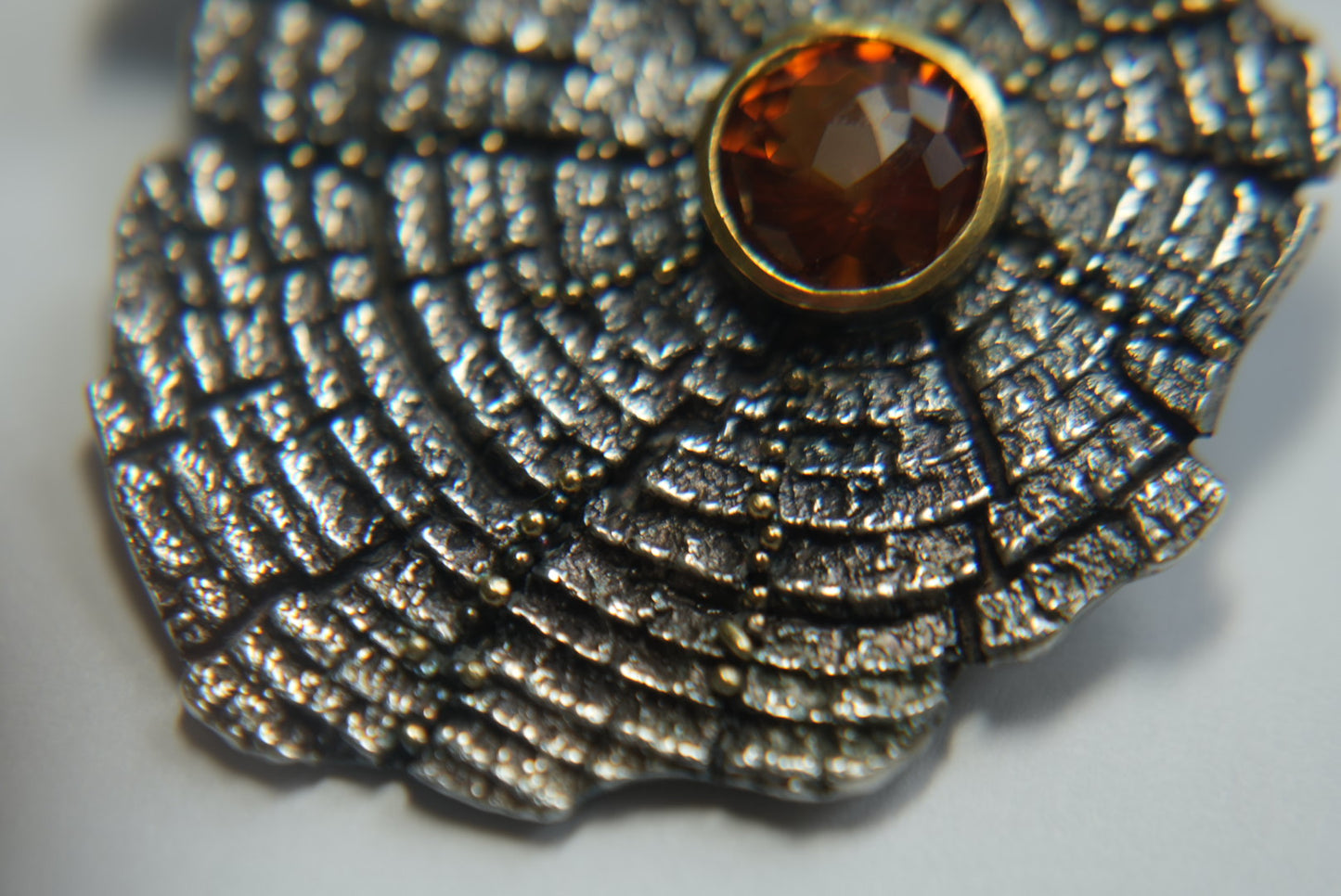 2023 - "Resilience" - Granulation upon Sterling Tree Rings Pendant - Imprint Casting - Pendant by Jenn Dewey - FAIRMINED Noble Metals & FairTrade Citrine