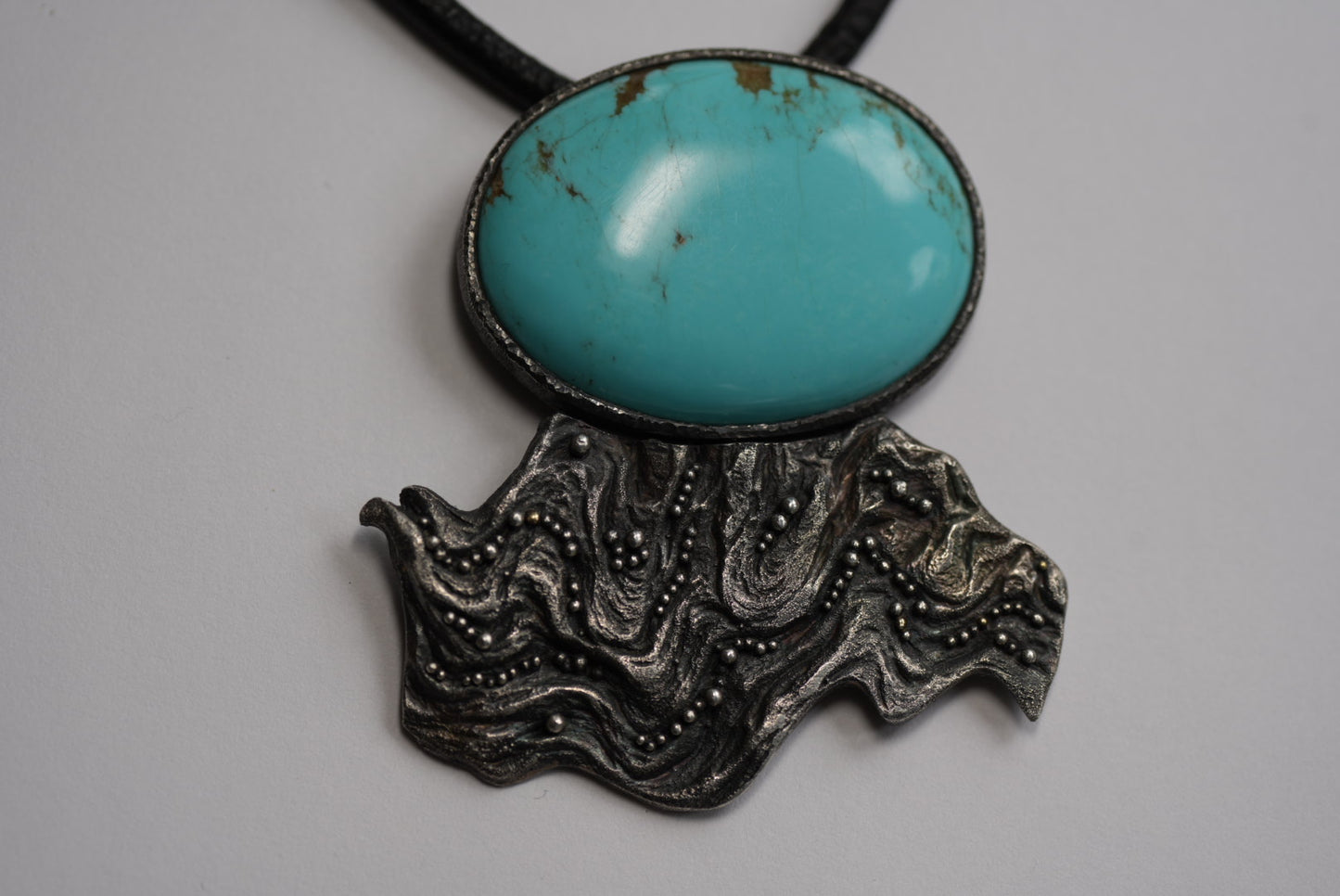 2023 - "Ondulato" Burl Wood Cast Pendant with Silver Granulation and Kingman Turquoise by Jenn Dewey