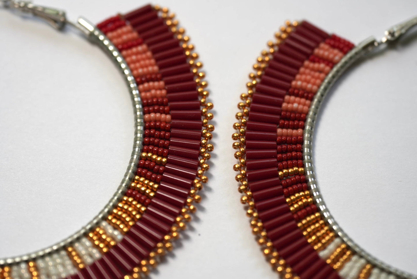 New - 3.25" Navajo Beaded Hoop Earrings - Red Aztec Serape Design by Joseph Lucio & Laverne Tsosie