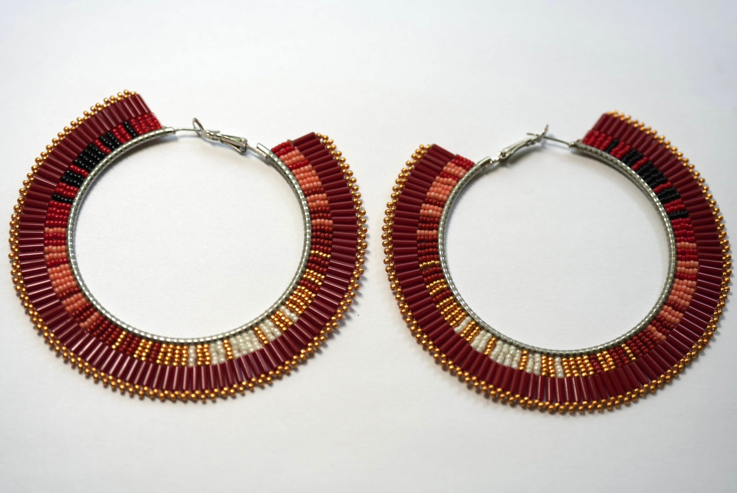 New - 3.25" Navajo Beaded Hoop Earrings - Red Aztec Serape Design by Joseph Lucio & Laverne Tsosie