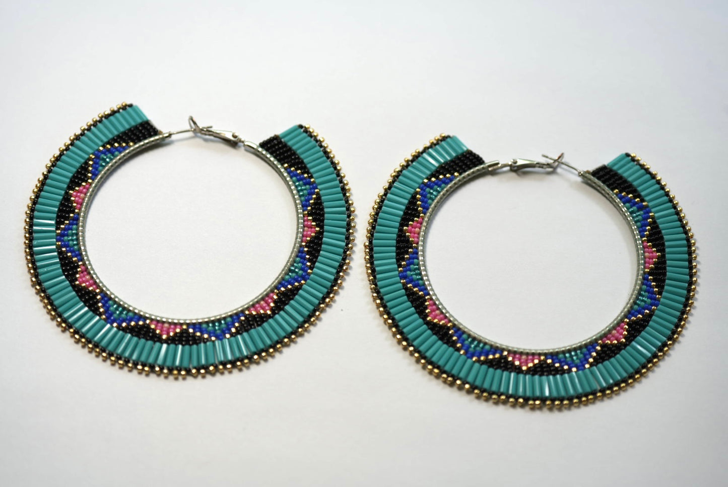 New - 3.25" Navajo Beaded Hoop Earrings - Turquoise Navajo Textile Design by Joseph Lucio & Laverne Tsosie