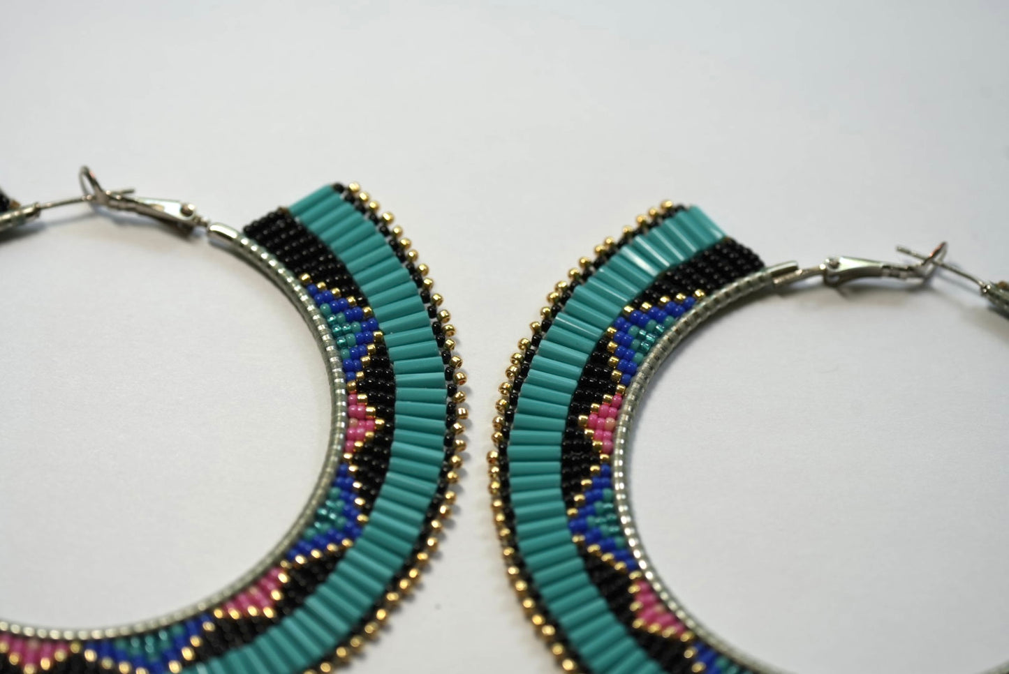 New - 3.25" Navajo Beaded Hoop Earrings - Turquoise Navajo Textile Design by Joseph Lucio & Laverne Tsosie
