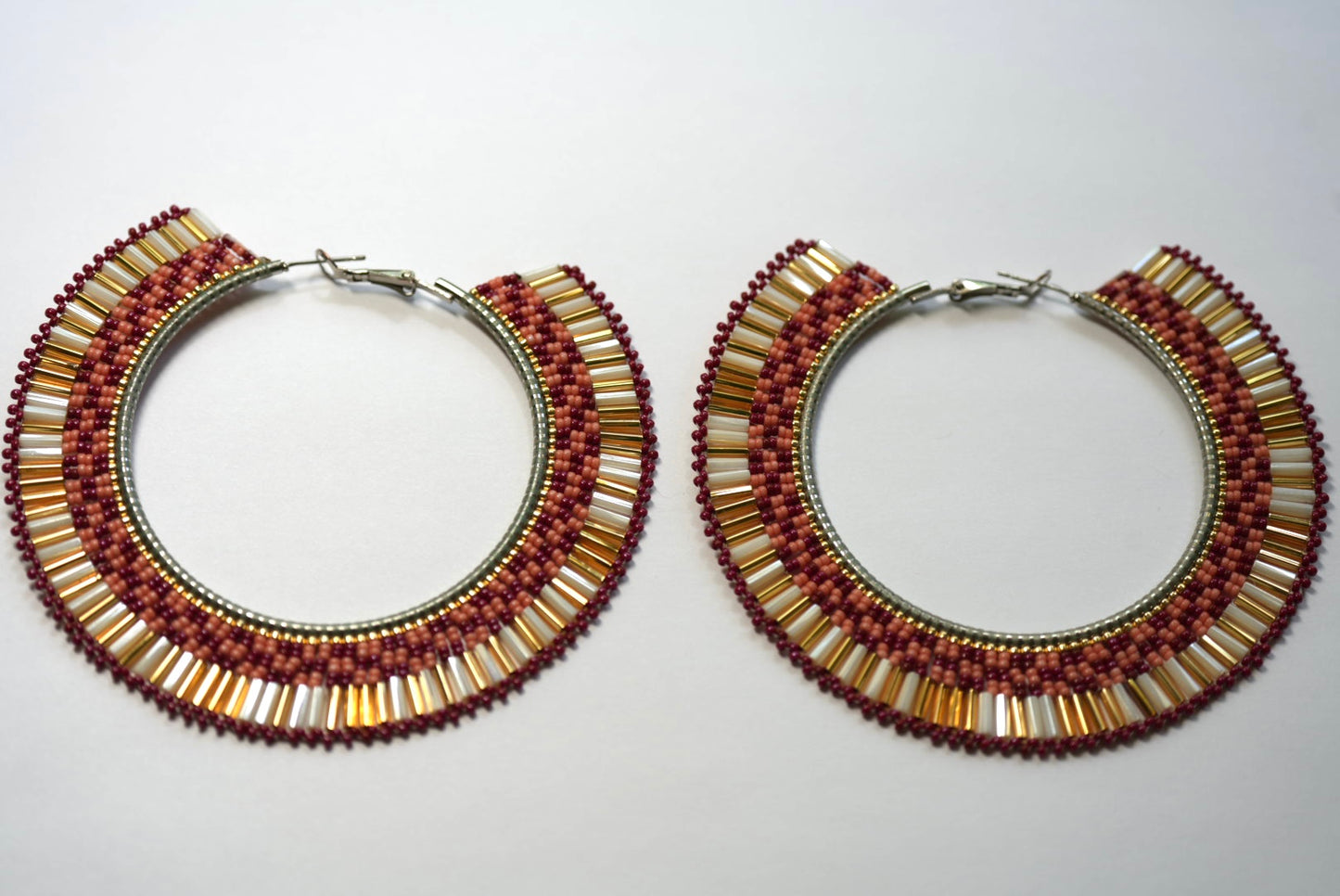 New - 3.25" Navajo Beaded Hoop Earrings - Pink, Gold & Red, Plains Indian Textile Design, by Laverne Tsosie and Joseph Edward Lucio