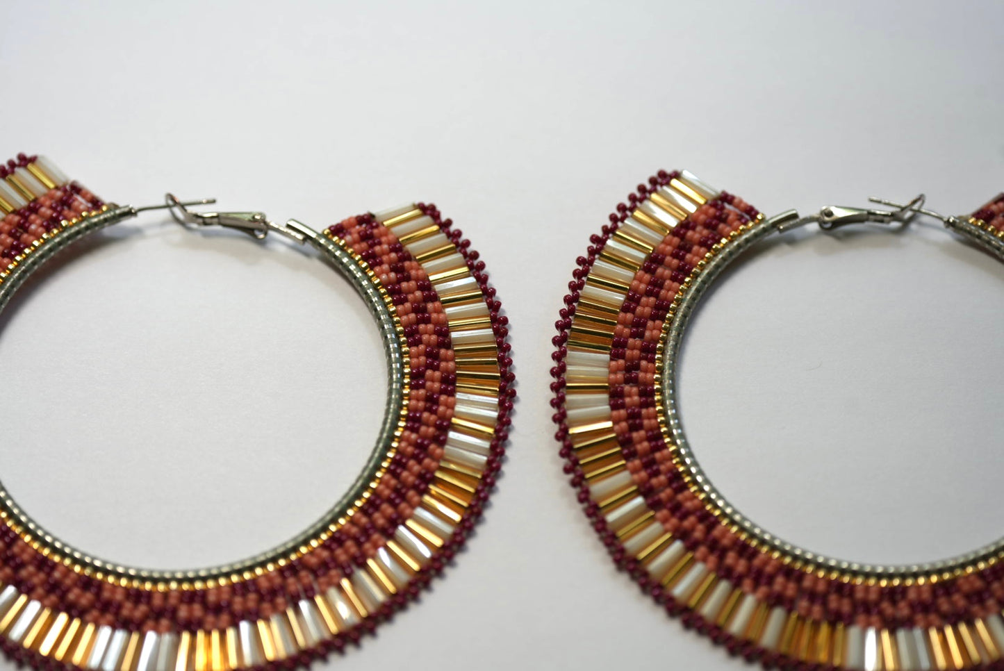 New - 3.25" Navajo Beaded Hoop Earrings - Pink, Gold & Red, Plains Indian Textile Design, by Laverne Tsosie and Joseph Edward Lucio