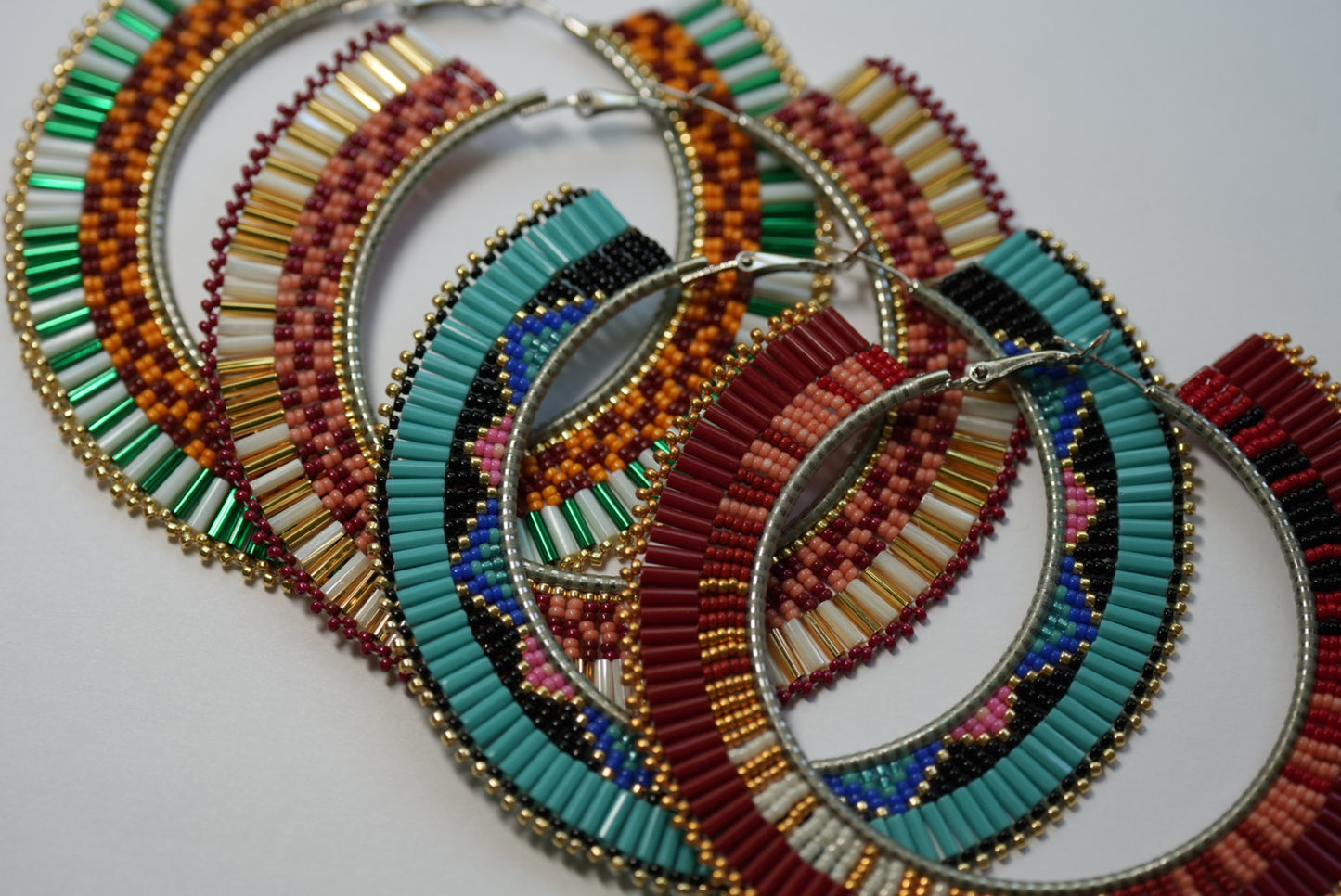 New - 3.25" Navajo Beaded Hoop Earrings - Red Aztec Serape Design by Joseph Lucio & Laverne Tsosie