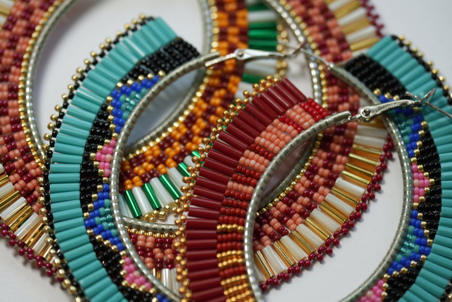 New - 3.25" Navajo Beaded Hoop Earrings - Turquoise Navajo Textile Design by Joseph Lucio & Laverne Tsosie