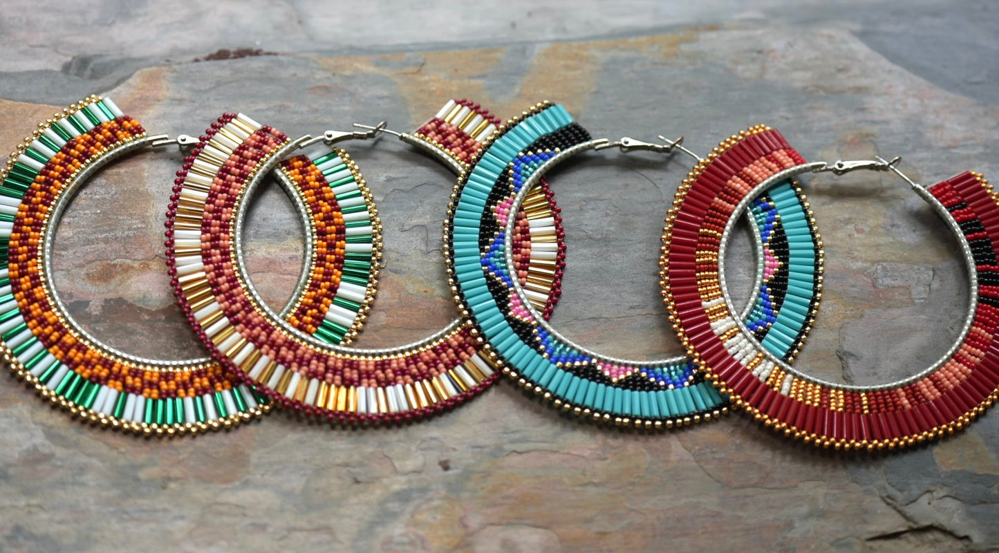 New - 3.25" Beaded Hoop Earring in Navajo Flat Weave... Inspired by Plains Indian Textiles... by Joseph Edward Lucio
