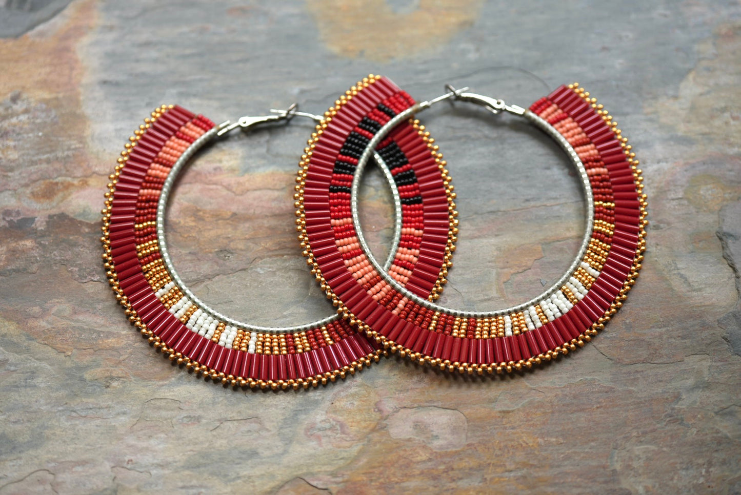 New - 3.25" Navajo Beaded Hoop Earrings - Red Aztec Serape Design by Joseph Lucio & Laverne Tsosie