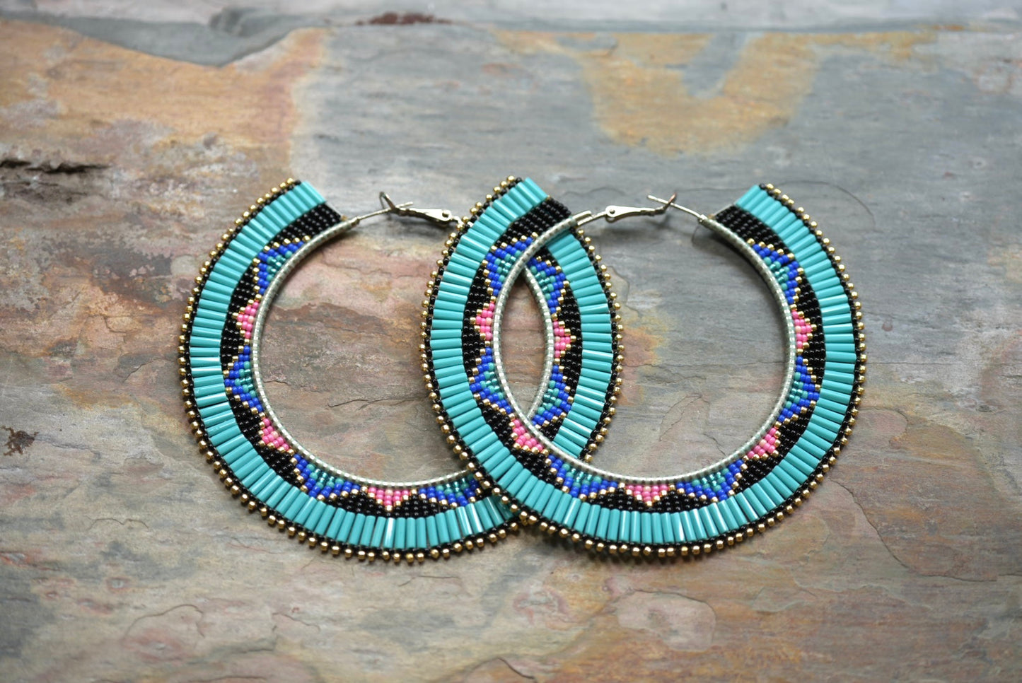 New - 3.25" Navajo Beaded Hoop Earrings - Turquoise Navajo Textile Design by Joseph Lucio & Laverne Tsosie