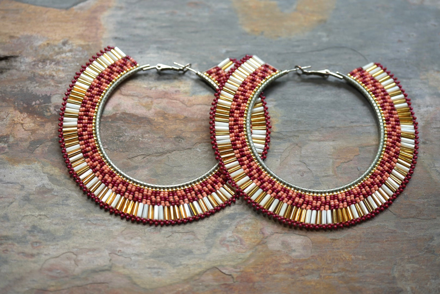 New - 3.25" Navajo Beaded Hoop Earrings - Pink, Gold & Red, Plains Indian Textile Design, by Laverne Tsosie and Joseph Edward Lucio