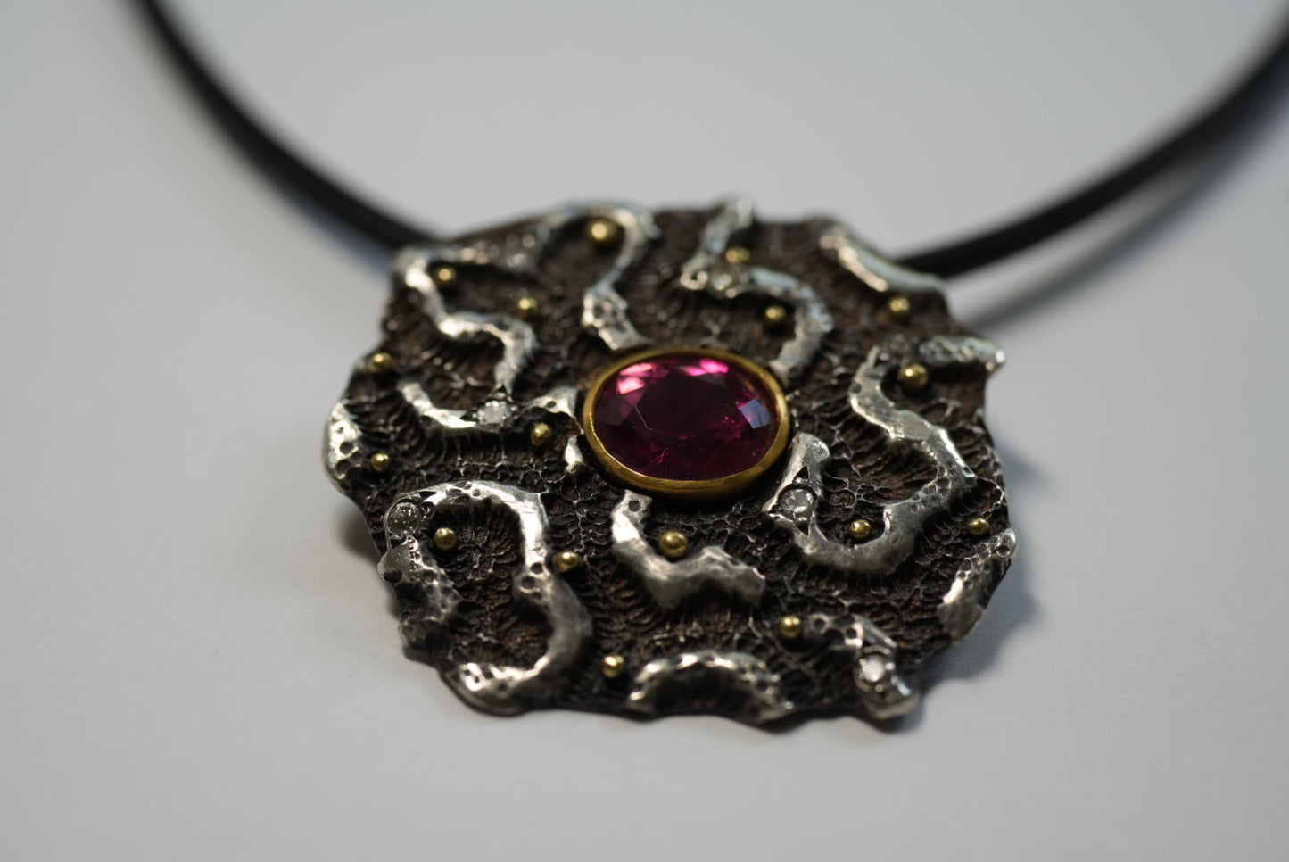 2023 - "Hydra" Brain Coral Imprint Sterling Pendant by Jenn Dewey - FAIRMINED Silver & Gold - Transparently Sourced ANZA Pink Tourmaline