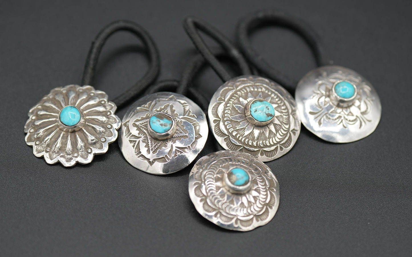 Concho Hair Tie #3 - Handstamped Sterling Silver with Turquoise - by Alvin Todacheenee, Navajo Artist