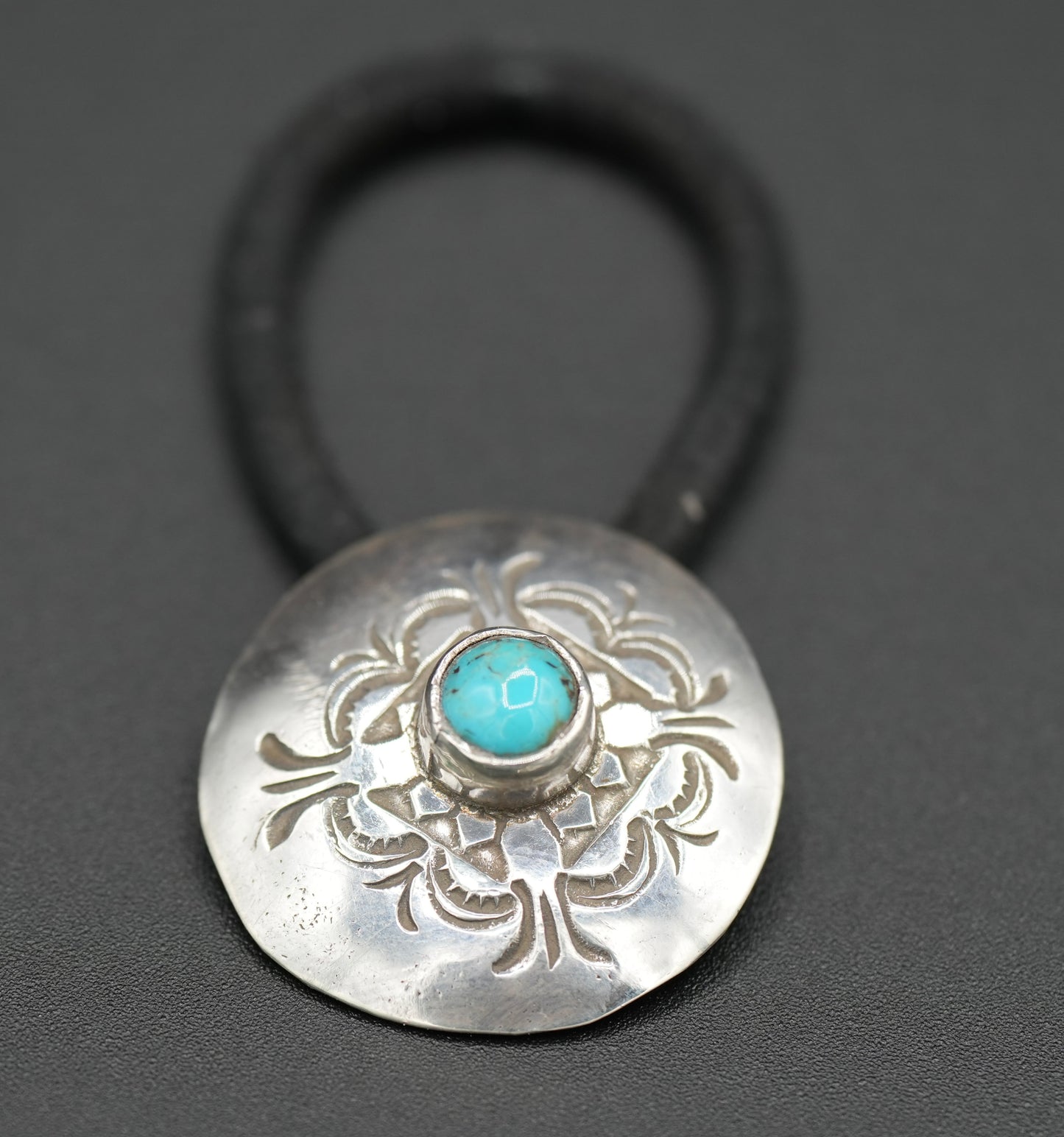 Concho Hair Tie #3 - Handstamped Sterling Silver with Turquoise - by Alvin Todacheenee, Navajo Artist