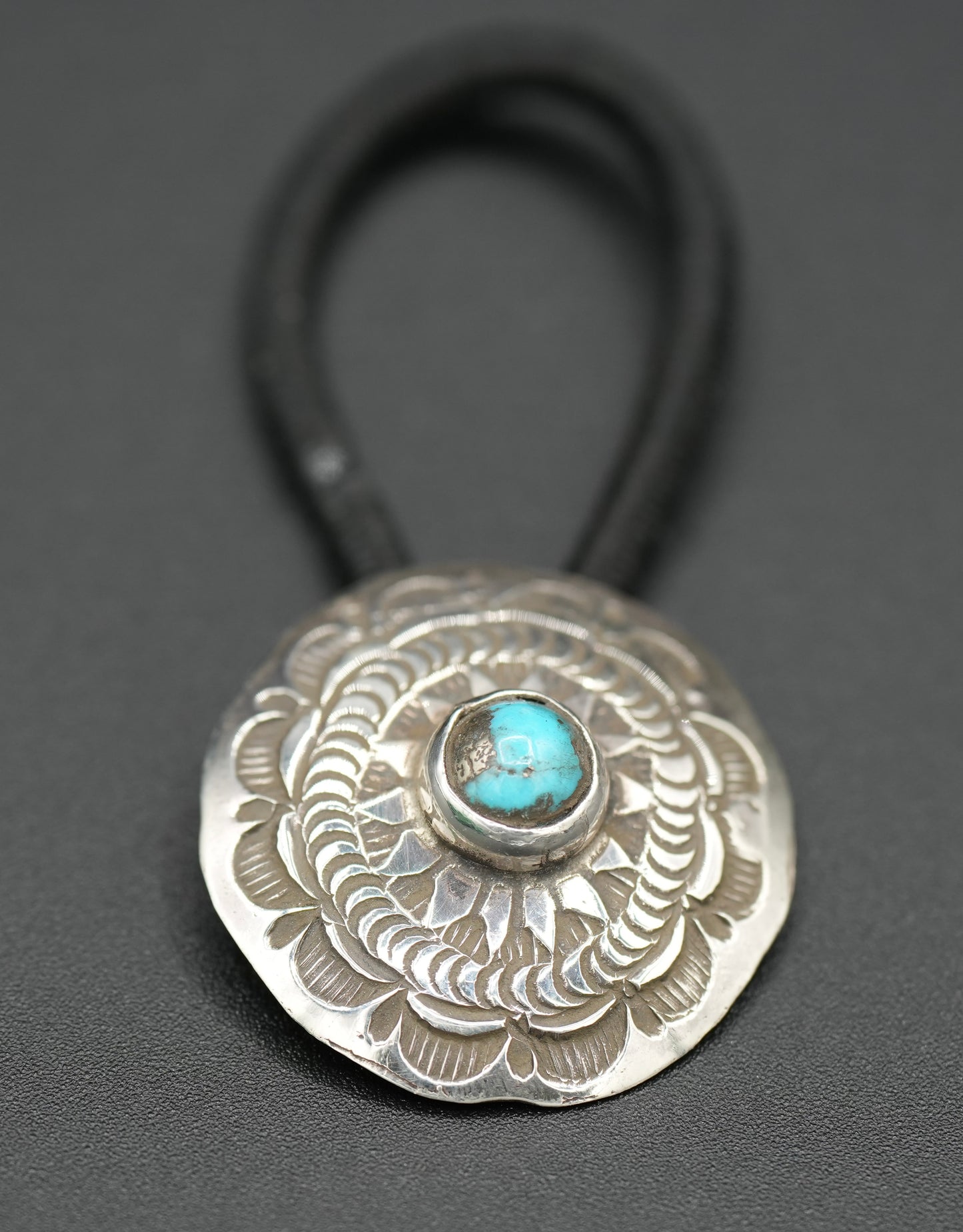 Concho Hair Tie #1 - Handstamped Sterling Silver with Turquoise - by Alvin Todacheenee, Navajo Artist