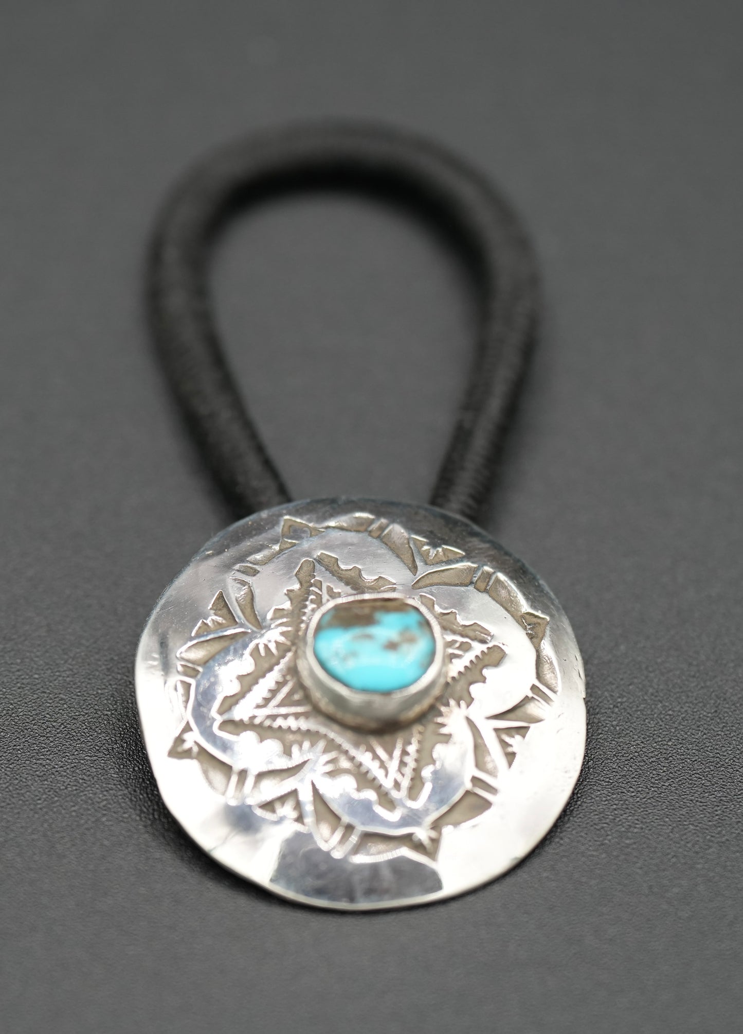Concho Hair Tie #2 - Handstamped Sterling Silver with Turquoise - by Alvin Todacheenee, Navajo Artist