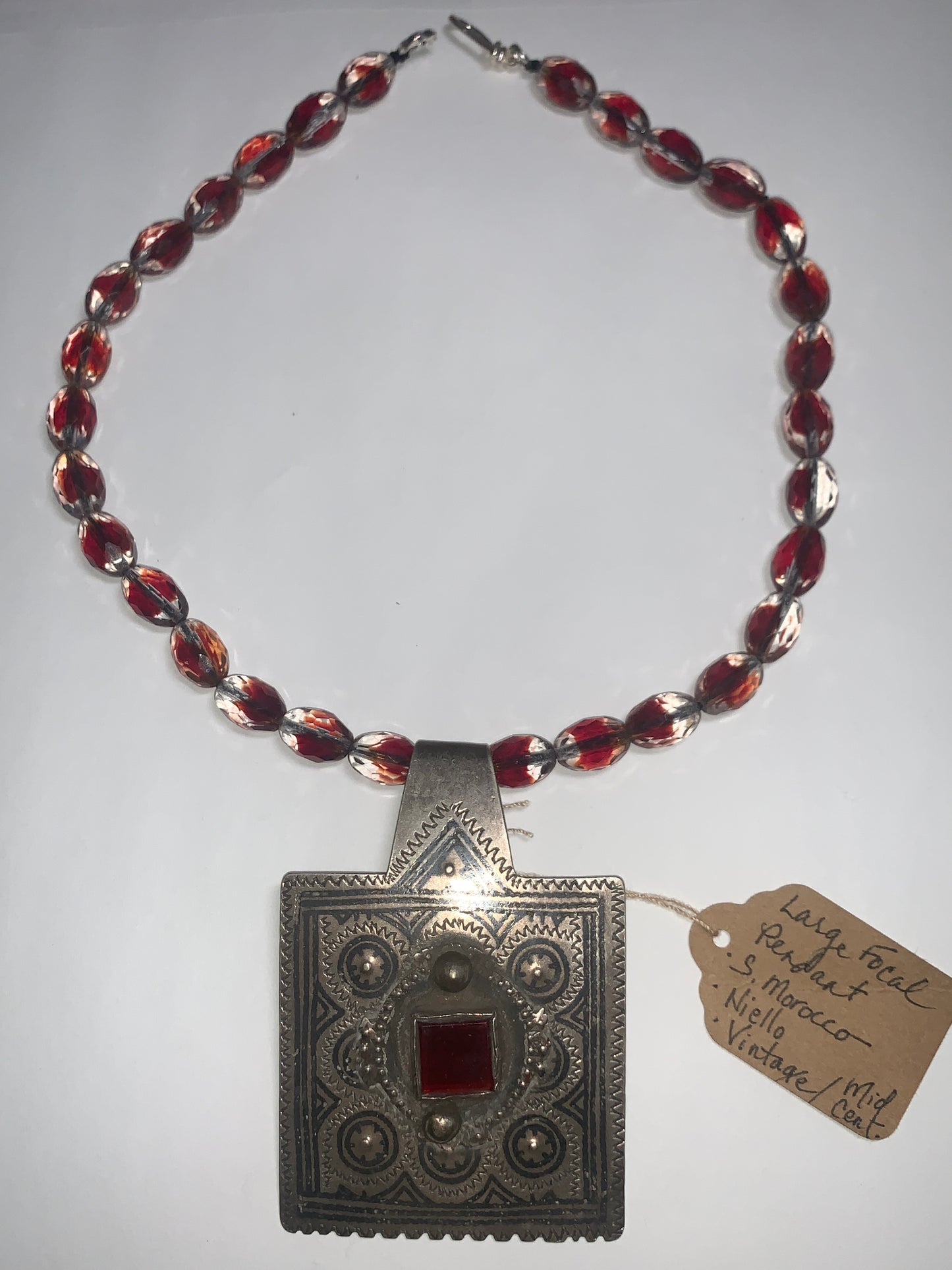 Vintage Moroccan Ida Ou Nadif Amulet with Niello - Strung Upon German Vintage Glass Bead Necklace - by Jenn Dewey