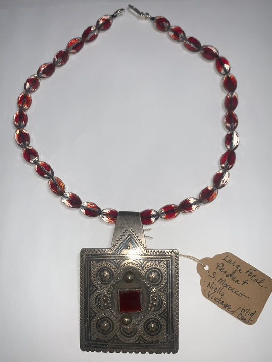 Moroccan Ida Ou Nadif Amulet with Niello - Strung Upon German Vintage Glass Bead Necklace - by Jenn Dewey