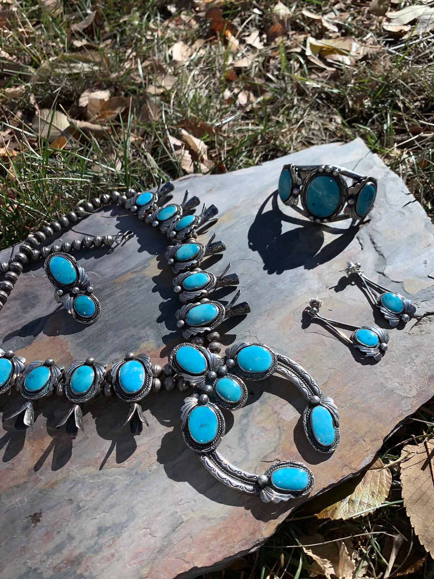 Vintage 1960s-70s Navajo Squash Blossom Set - 4 pieces - Signed by Artist