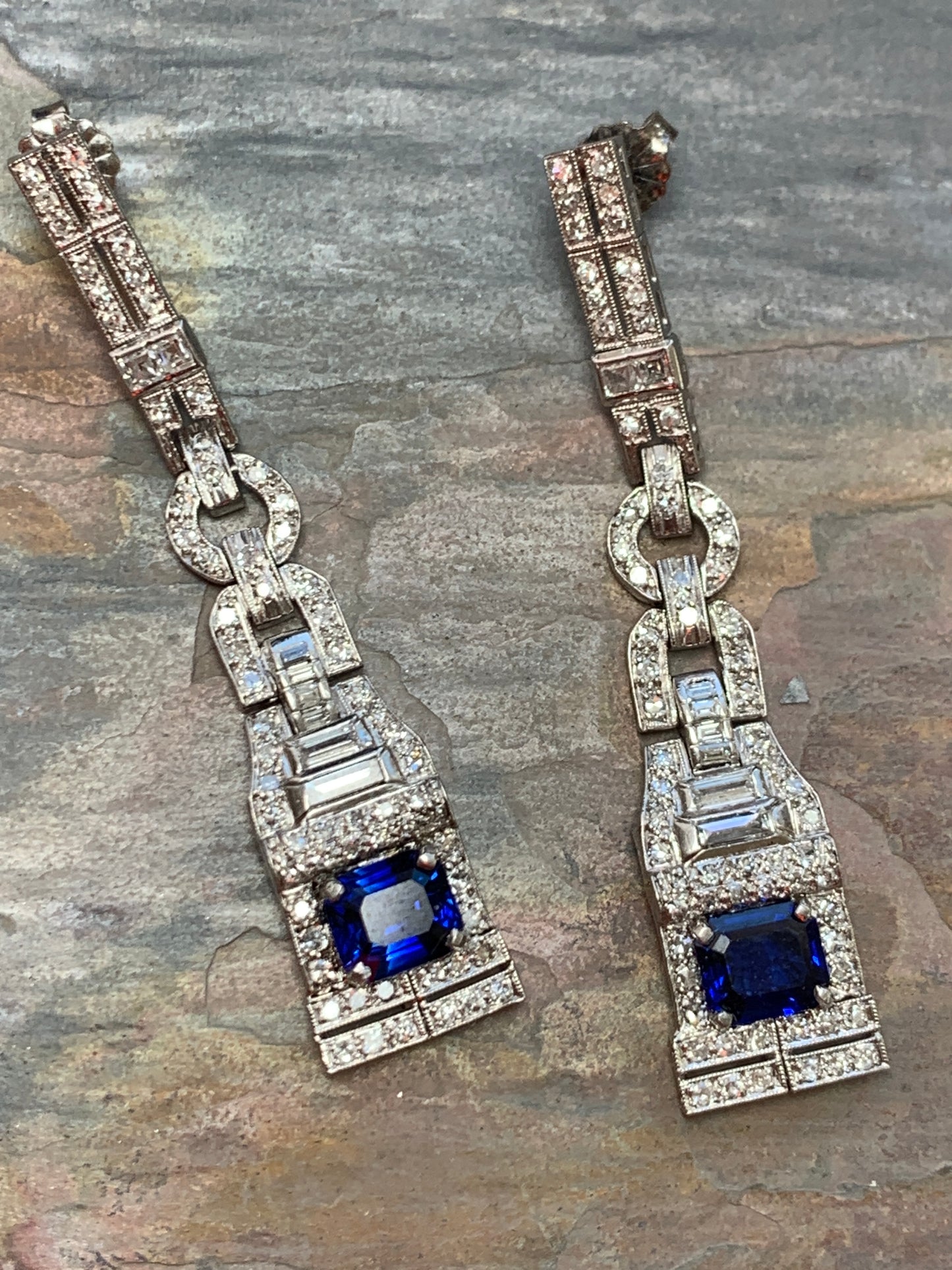 Antique Art Deco Sapphire & Diamond Platinum Dangle Earrings - Expertly Modified From an Antique Watch Band!