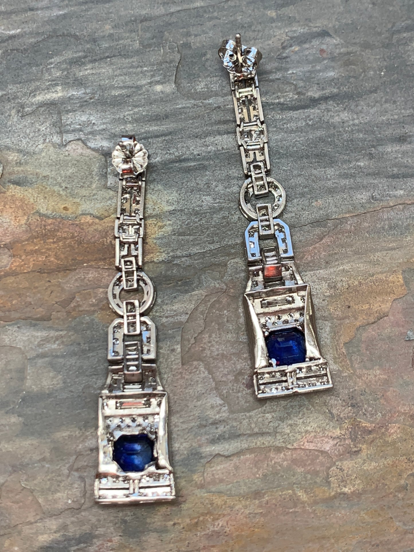 Antique Art Deco Sapphire & Diamond Platinum Dangle Earrings - Expertly Modified From an Antique Watch Band!