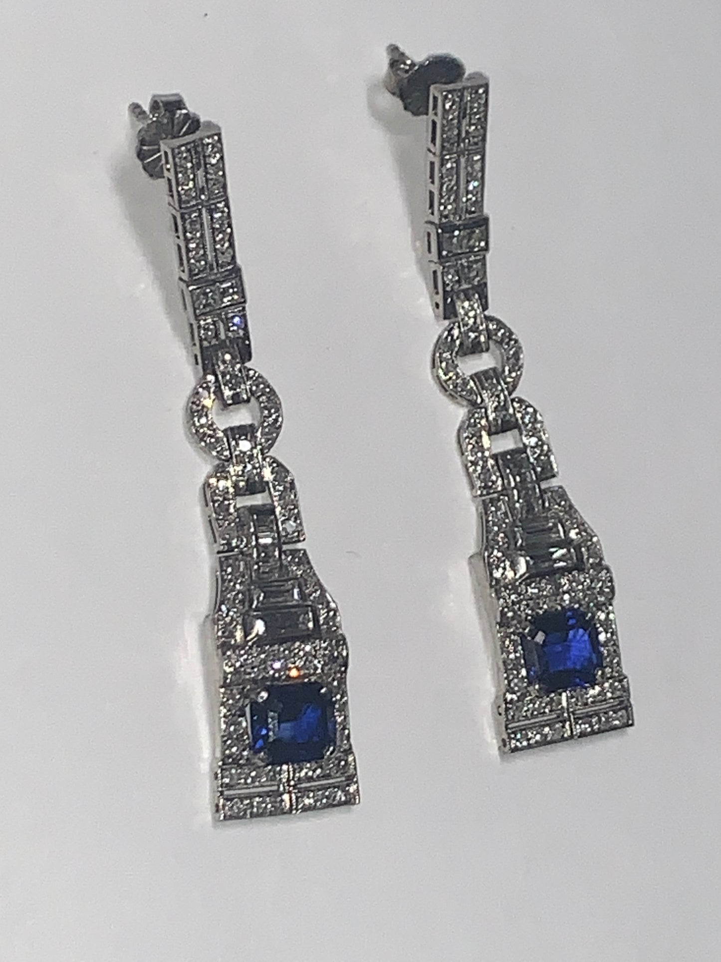 Antique Art Deco Sapphire & Diamond Platinum Dangle Earrings - Expertly Modified From an Antique Watch Band!