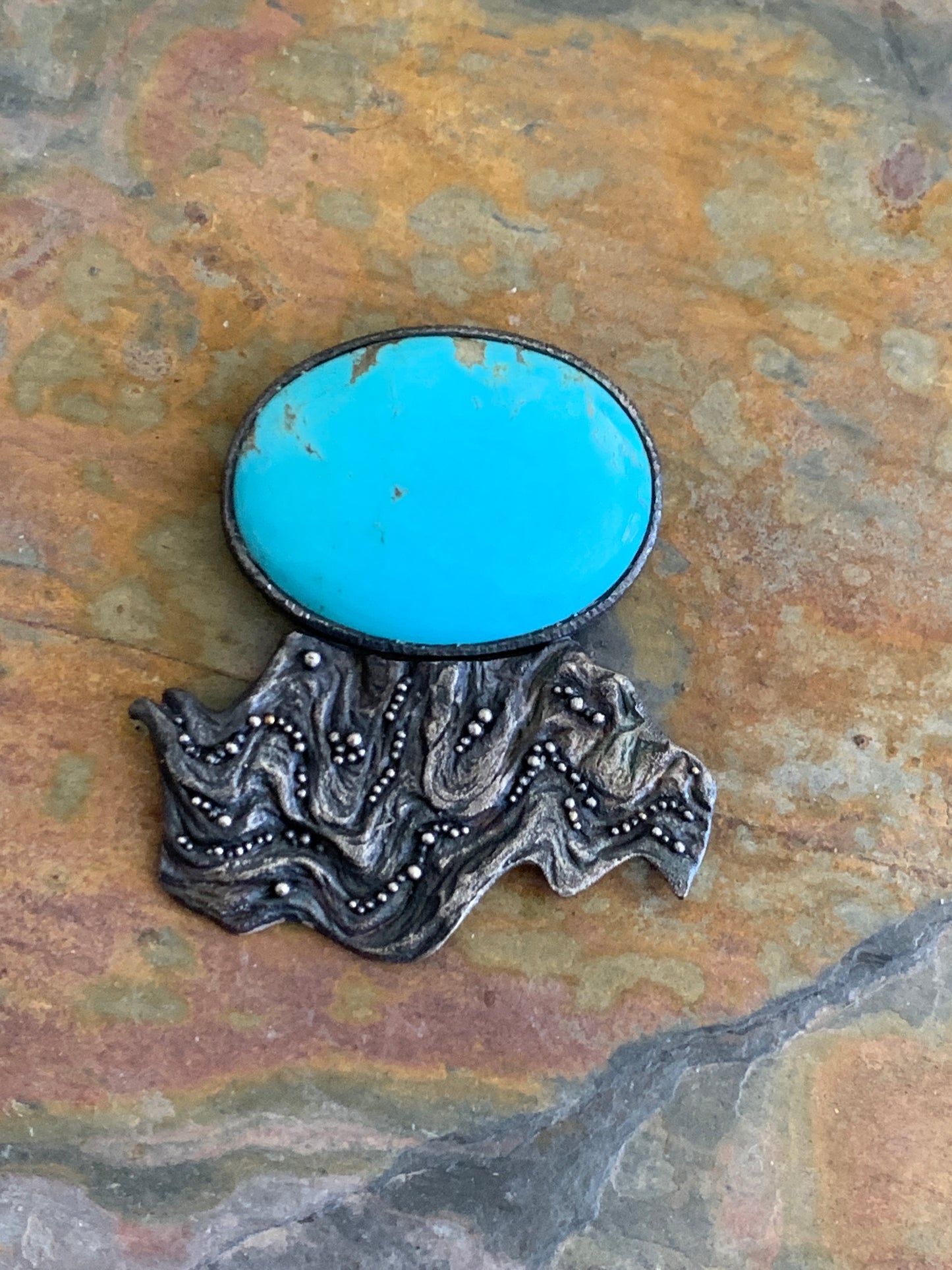 2023 - "Ondulato" Burl Wood Cast Pendant with Silver Granulation and Kingman Turquoise by Jenn Dewey