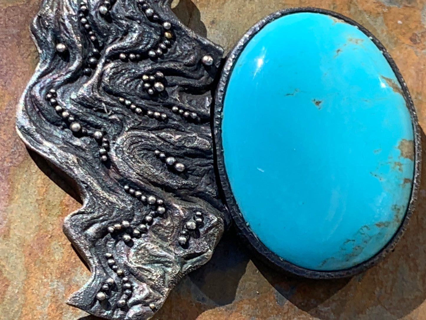 2023 - "Ondulato" Burl Wood Cast Pendant with Silver Granulation and Kingman Turquoise by Jenn Dewey