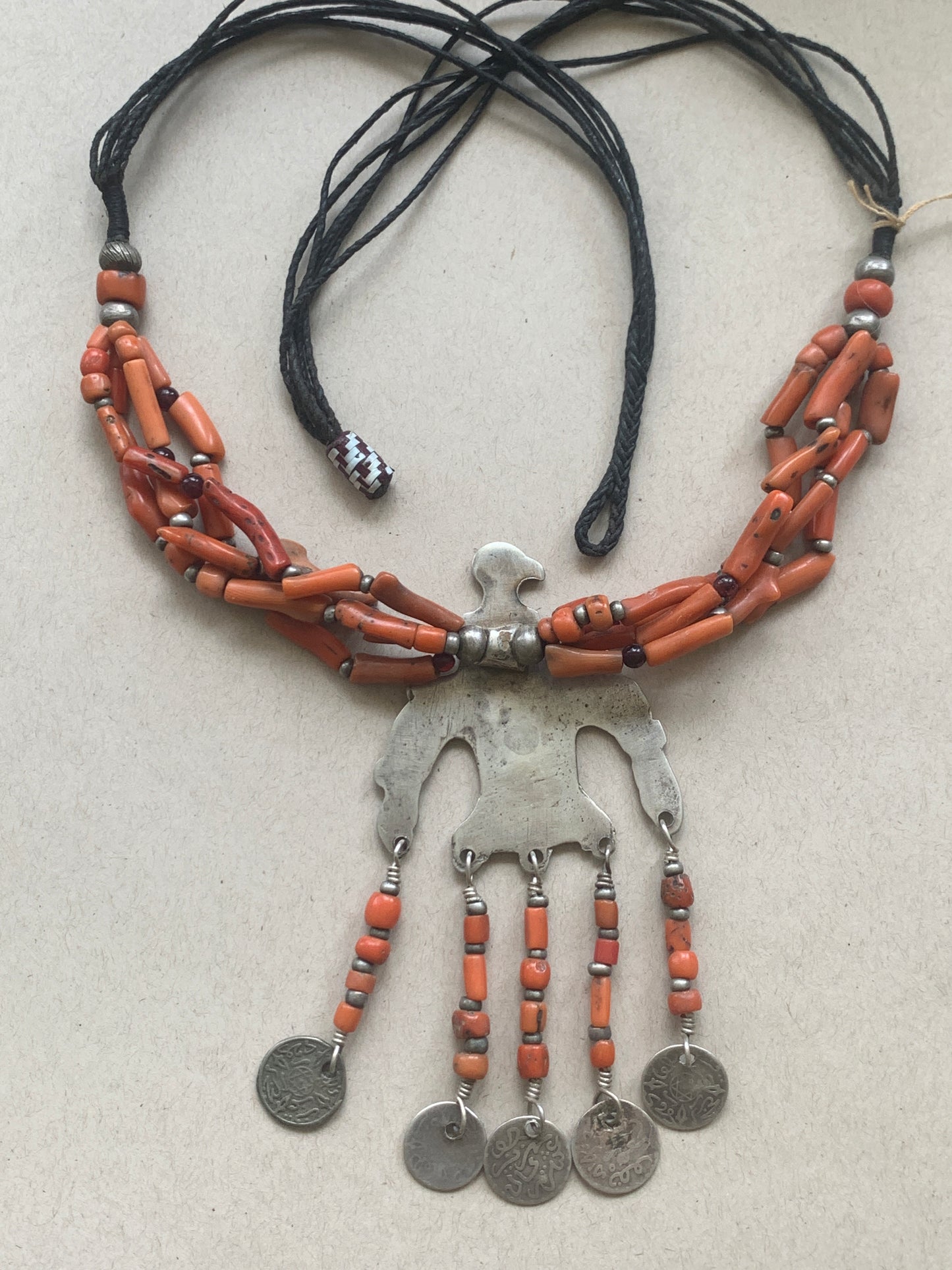 Vintage Eagle and Antique Coral Necklace - Moroccan Neckpiece