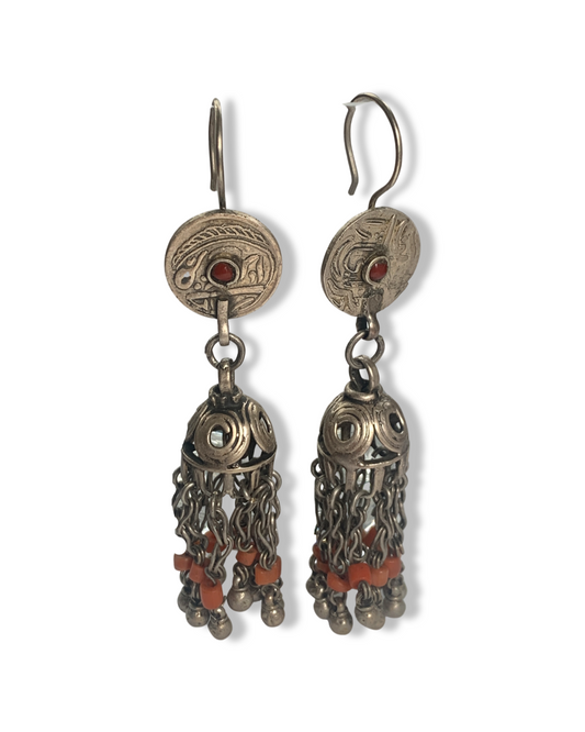 Vintage Tajikistani Chandelier Earrings w/ Coral