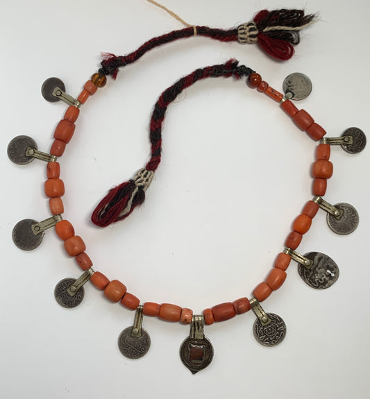 Antique Moroccan Amazigh (Berber) Coral and Coin Necklace
