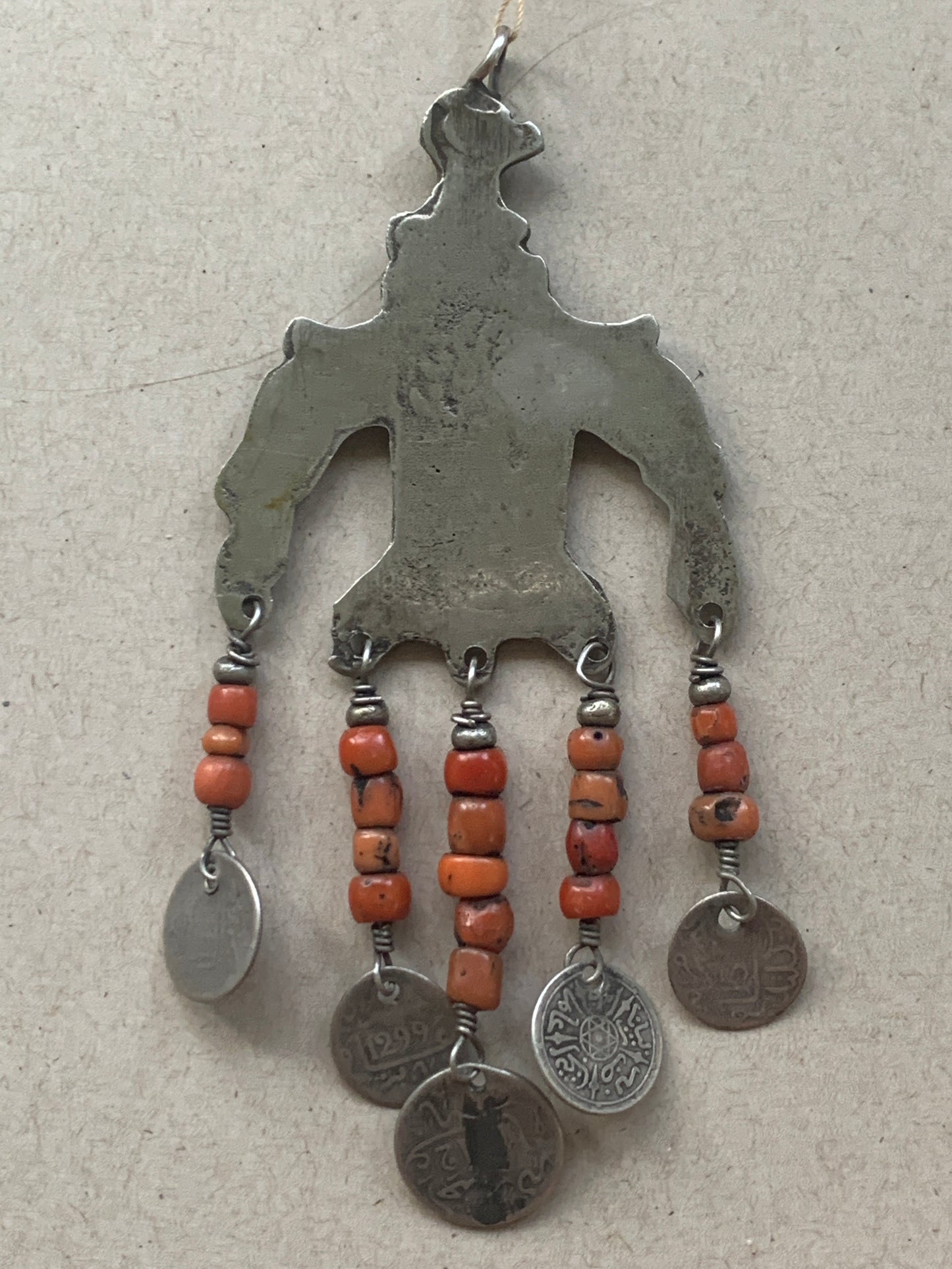 Moroccan Vintage Eagle Pendant with Coral and Coins