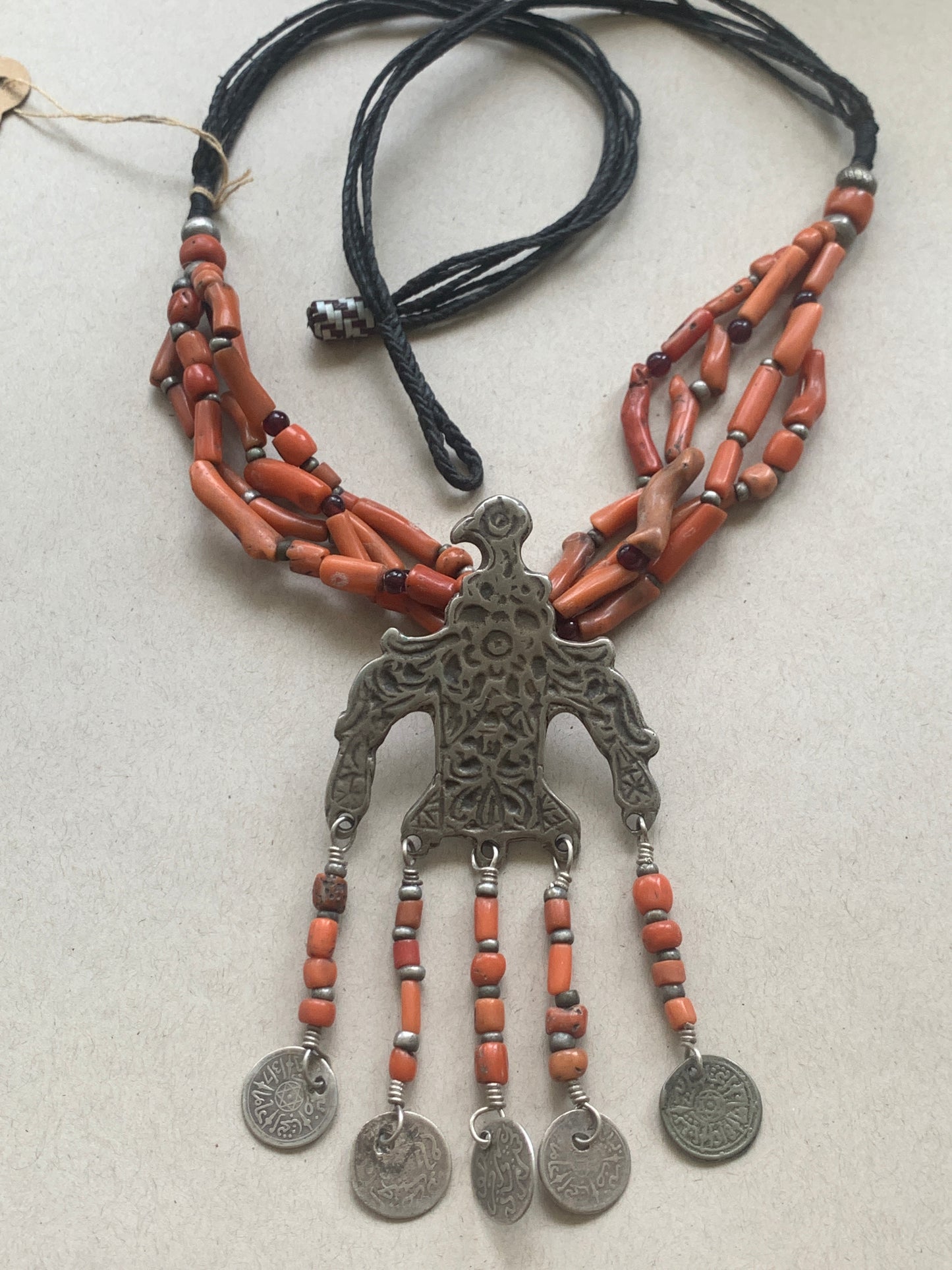 Vintage Eagle and Antique Coral Necklace - Moroccan Neckpiece