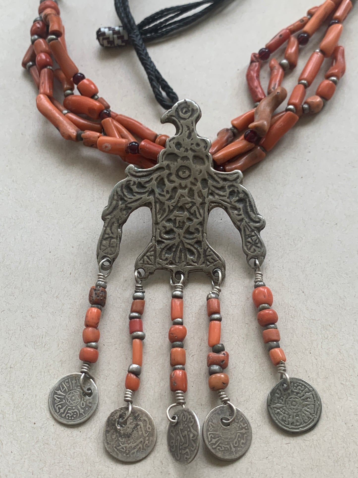 Vintage Eagle and Antique Coral Necklace - Moroccan Neckpiece