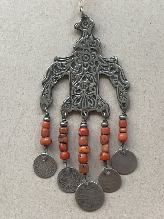 Moroccan Vintage Eagle Pendant with Coral and Coins