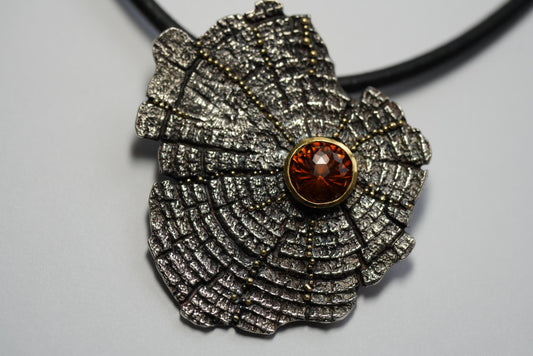 2023 - "Resilience"  - Granulation upon Sterling Tree Rings Pendant - Imprint Casting - Pendant  by Jenn Dewey - FAIRMINED Noble Metals & FairTrade Citrine