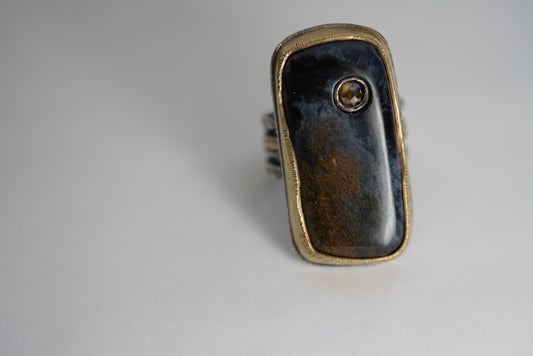 Pietersite and diamond ring in sterling and 18k gold - size 10.25 - by Jenn Dewey Designs