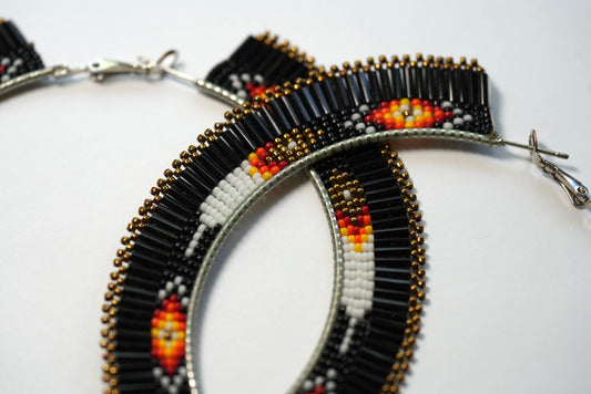 New - 4" Black Feather Hoops - Flat Weave Beaded Navajo Earrings - Handwoven