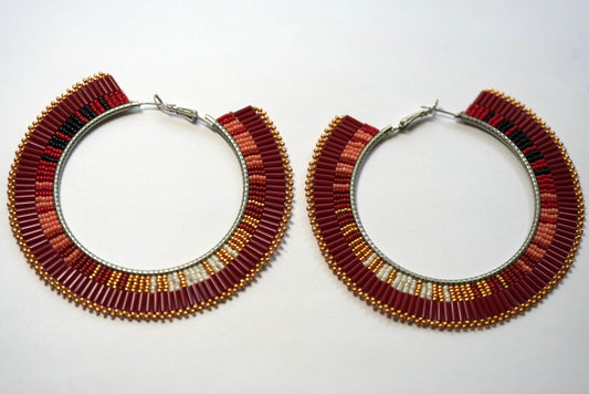3.25"  Navajo Beaded Hoop Earrings - Red Aztec Serape Design by Joseph Lucio