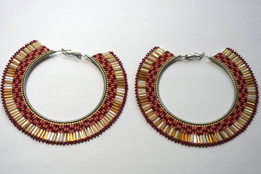 New - 3.25"  Navajo Beaded Hoop Earrings - Pink, Gold & Red, Plains Indian Textile Design, by Laverne Tsosie and Joseph Edward Lucio