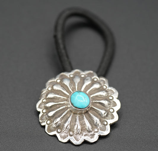 Concho Hair Tie #4 - Handstamped Sterling Silver with Turquoise - by Alvin Todacheenee, Navajo Artist