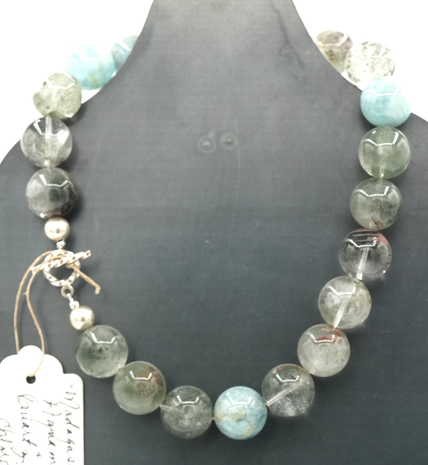 New - 18" Gumball Bead Necklace: Madagascar Aquamarine and Quartz with Chlorite Inclusions