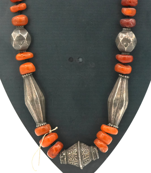 Vintage Baluchi & Nepalese Silver Beads with Antique Fossil Amber Beads - Finished With Chain (Not Pictured).