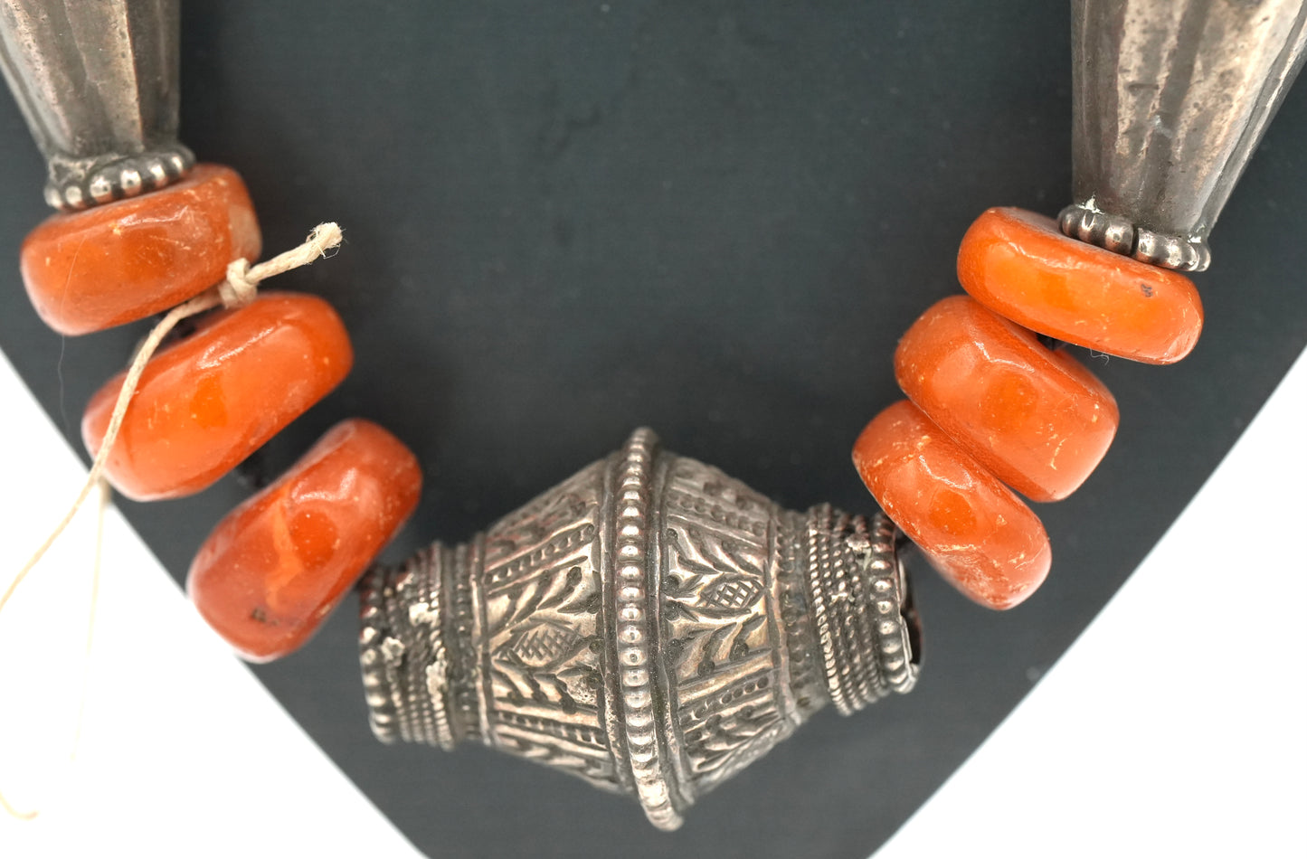 Vintage Baluchi & Nepalese Silver Beads with Antique Fossil Amber Beads - Finished With Chain (Not Pictured).