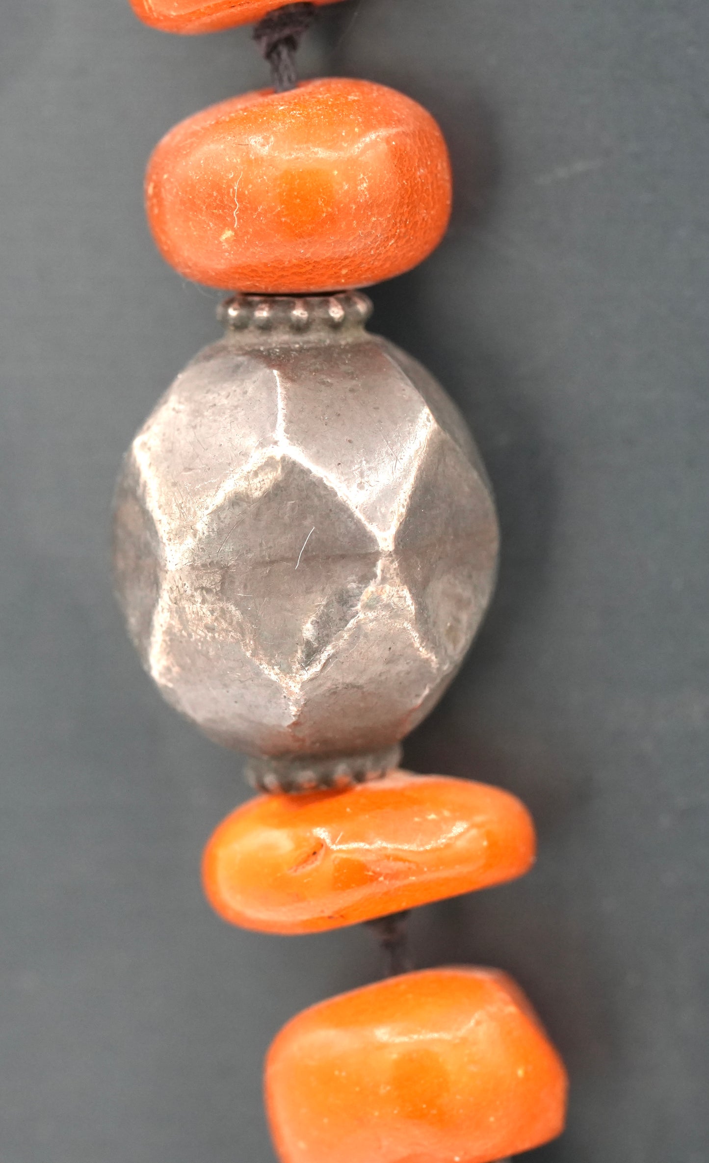 Vintage Baluchi & Nepalese Silver Beads with Antique Fossil Amber Beads - Finished With Chain (Not Pictured).