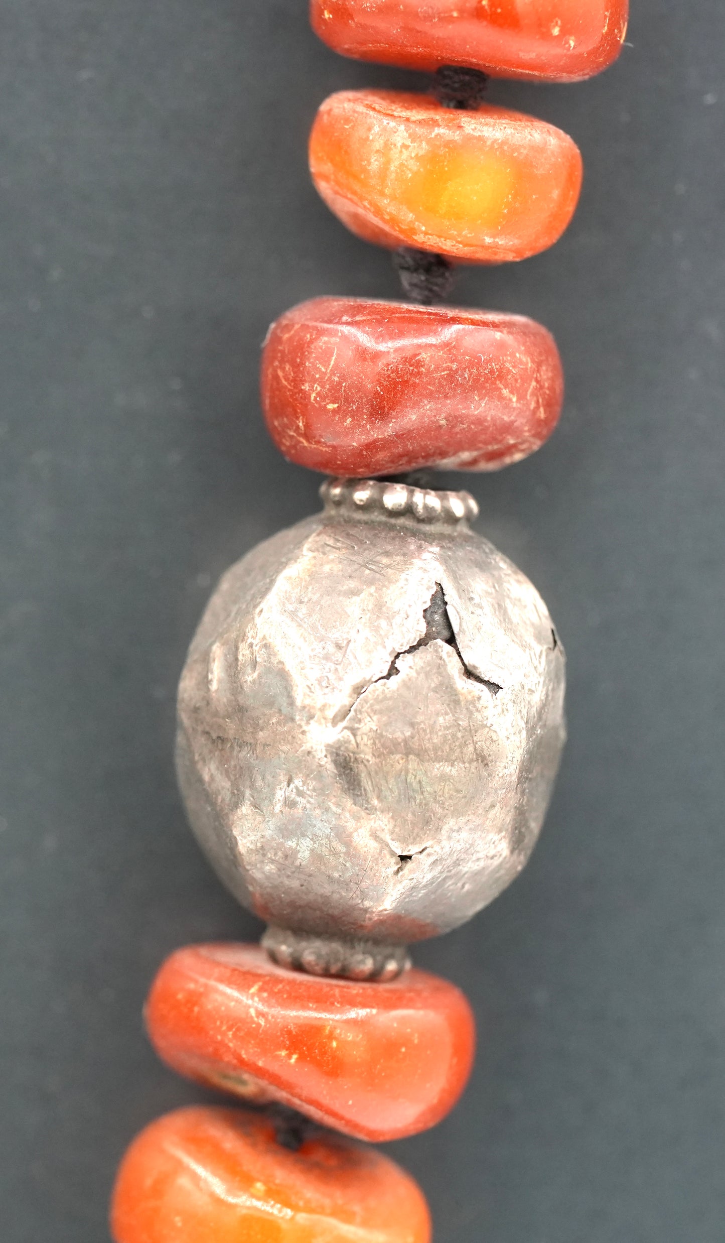 Vintage Baluchi & Nepalese Silver Beads with Antique Fossil Amber Beads - Finished With Chain (Not Pictured).