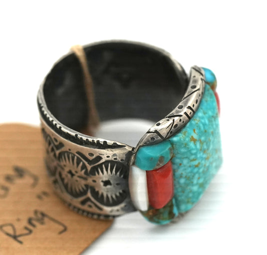 New - "Blanket Ring" by Jaymus Perry of Navajo Nation - Size 12.5 - Inlay of Kingman Turquoise, Indian Peak turquoise, Vintage Mediterranean Coral and Mother of Pearl
