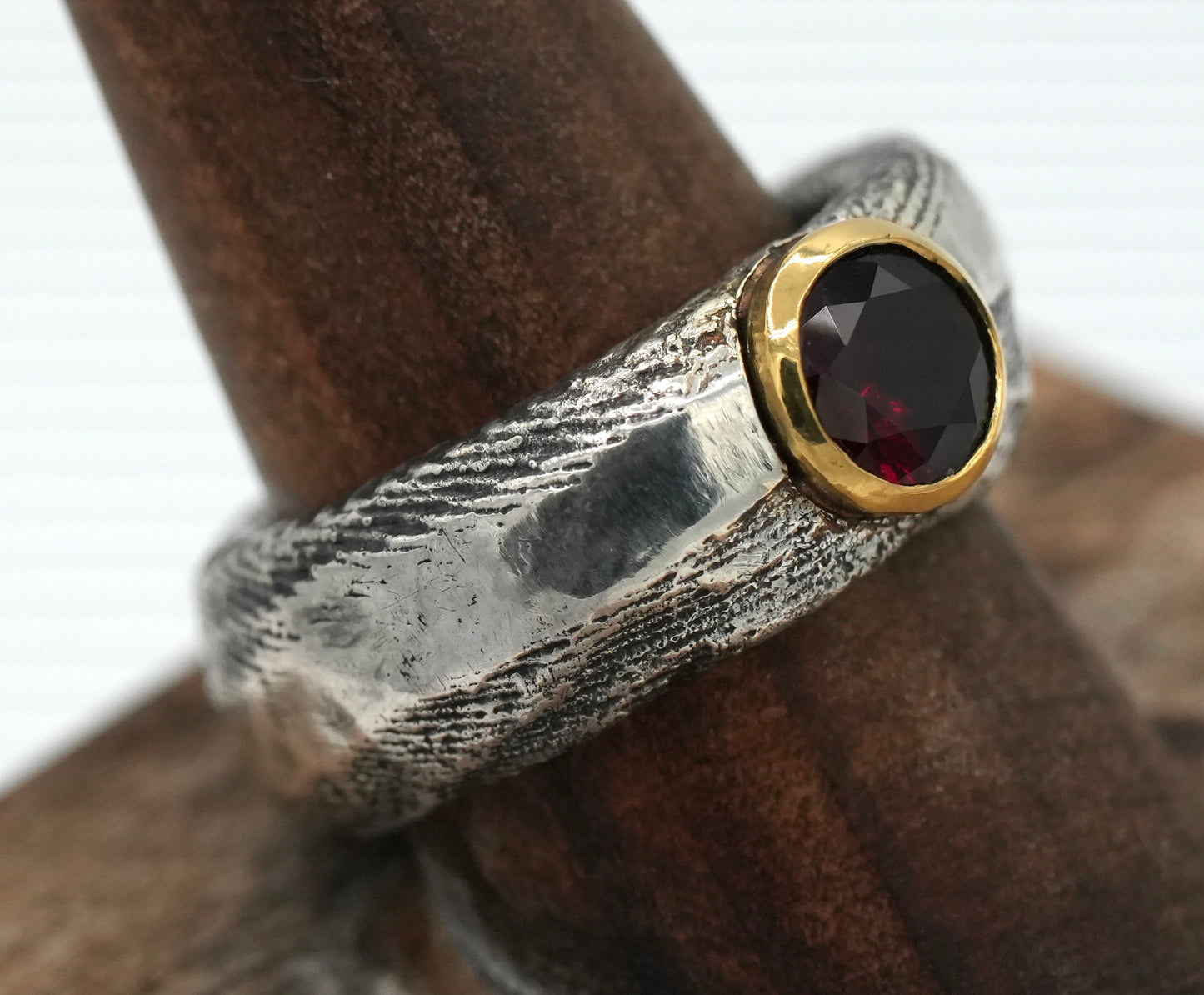 New!  Anthill Garnet Unisex Ring by Jenn Dewey Designs - Cuttlefish Bone Casting in FAIRMINED Sterling Silver with 22k Gold Bezel - Size 9