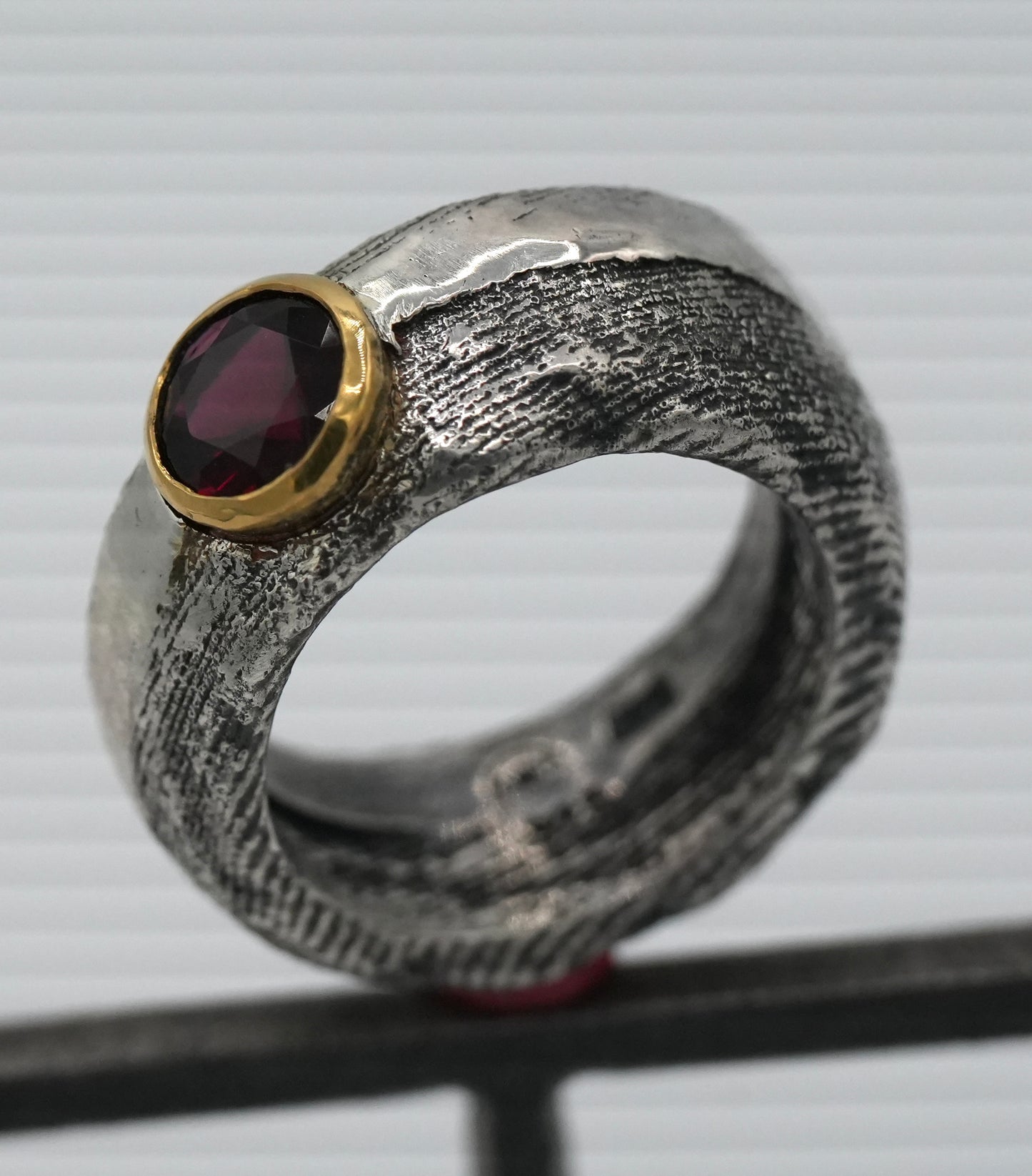 New!  Anthill Garnet Unisex Ring by Jenn Dewey Designs - Cuttlefish Bone Casting in FAIRMINED Sterling Silver with 22k Gold Bezel - Size 9