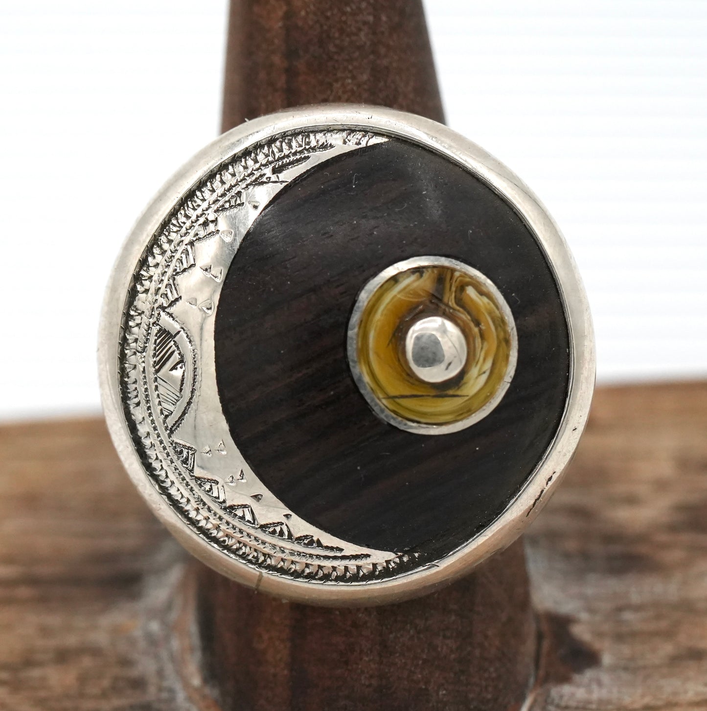 NEW!  Tuareg Made Moon Ring by Alassan Didi of Niger - Rosewood and Engraved Sterling Silver - Size 8